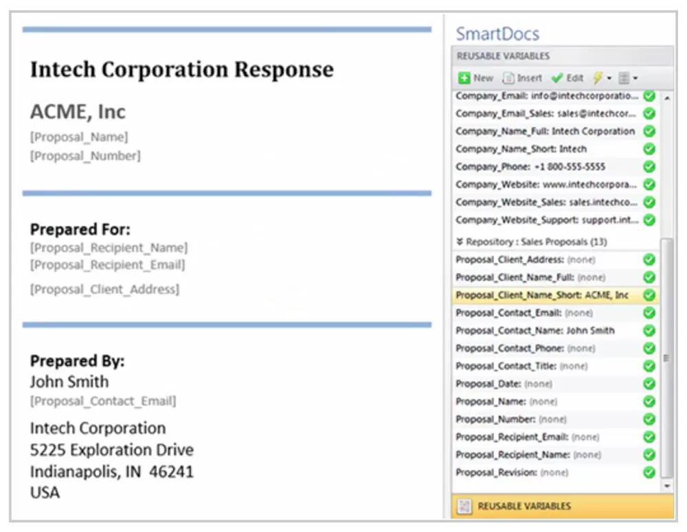 SmartDocs, the proposal automation I established: client names, contacts and proposal details fill in from reusable variables. Shown with sample data.
